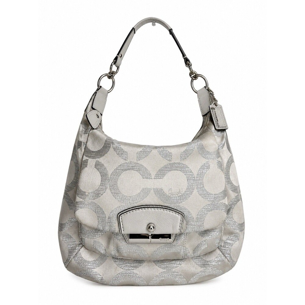 Coach Metallic Signature Jacquard Hobo Bag Silver Gray Shoulder Purse